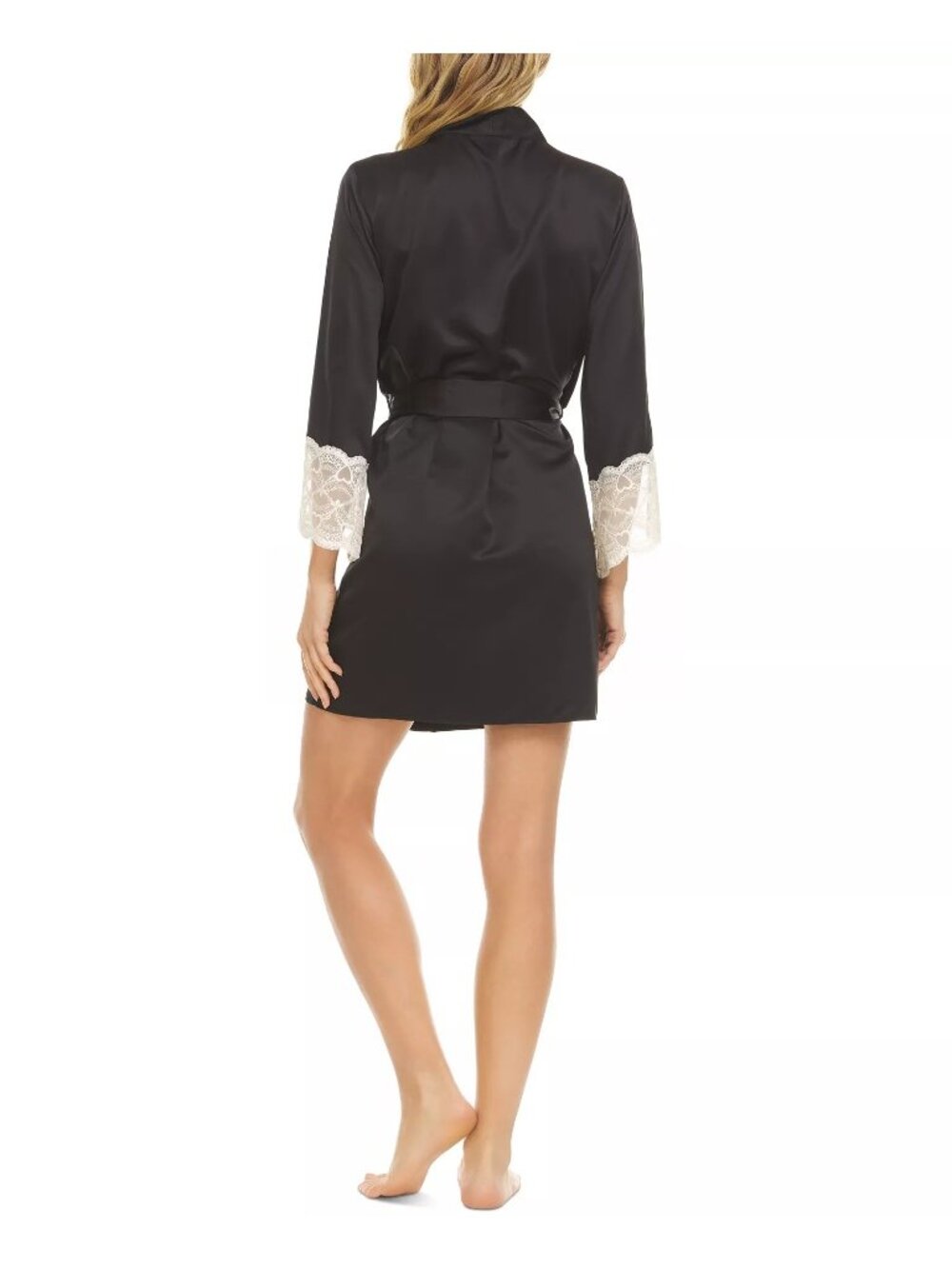Flora Nikrooz Kit Matte Charmeuse Wrap Robe w/ Heart-Patterned Lace Trim Sleeves - Picture 4 of 7